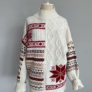 American Eagle Cozy Knit Patterned Sweater - Cream and Red